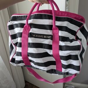 Victoria's Secret Black and White Striped Bag with Pink Accents